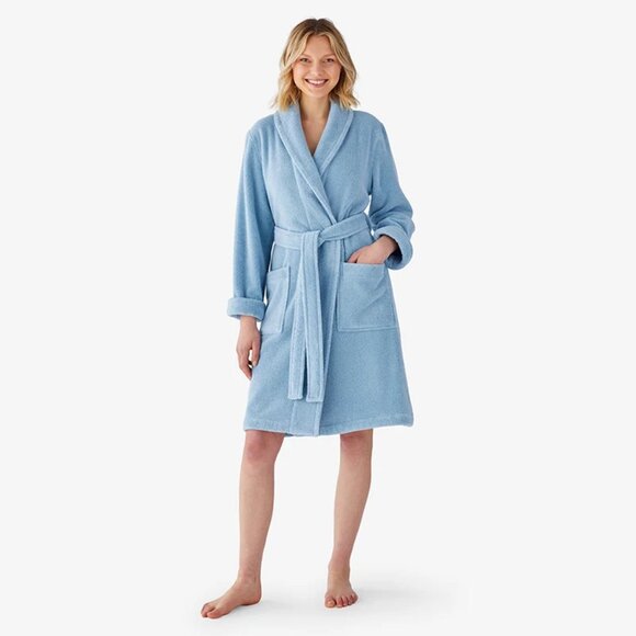 The Company Store Women's Sky Blue Short Robe - Picture 1 of 10
